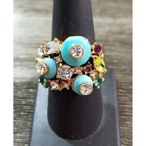 Camilla Lucia Blue Green Purple Clear Rhinestone Gold Tone Ring Size 8